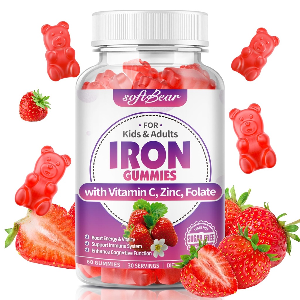 softbear Iron Gummies for Women & Men & Kids, Chewable Iron Supplements with Vitamin C,B3,B5,B6,B12 Supports Immune System, Energy & Vitality, Sugar-Free/Vegan, Strawberry Flavor 60 Count