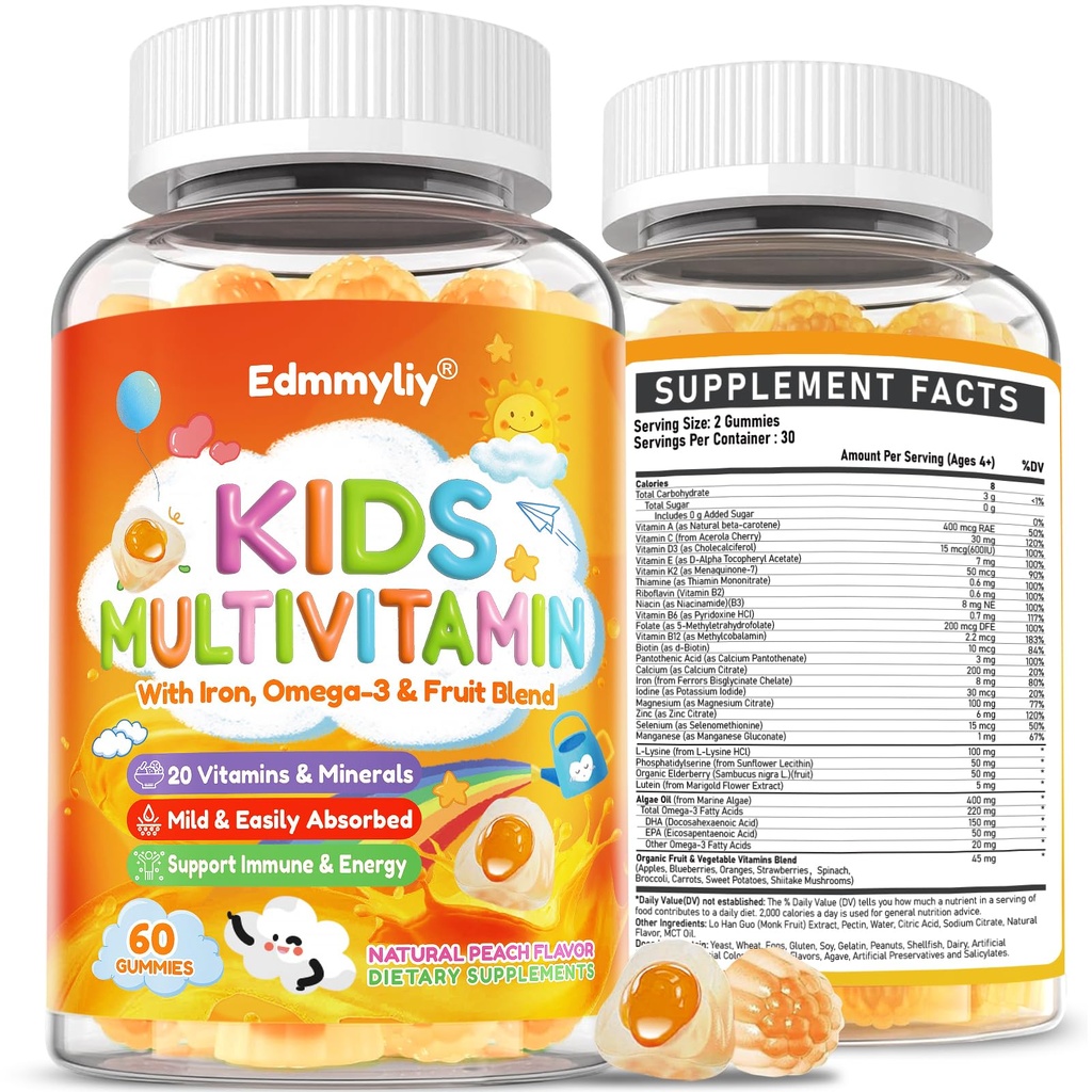 Kids Multivitamin Gummies - Vitamins A D3 K2, Methylated B-Complex with Omega-3, Iron for Immune & Development Support - Organic Mixed-Berry Flavor Multivitamins for Kids Daily - Sugar Free & Vegan