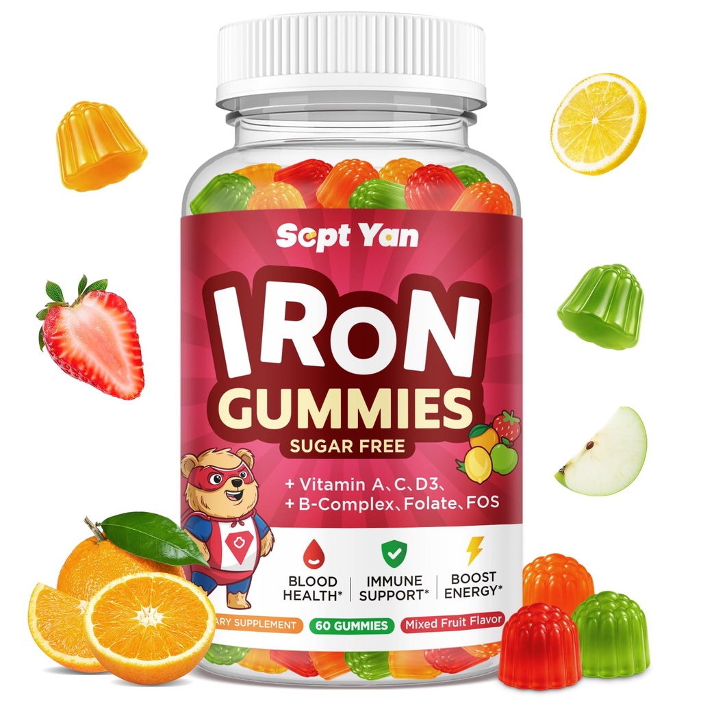 Iron Supplement Gummies for Kids, Kids Multivitamin with Iron - Vitamin B Complex, C, D3, Calcium, Folate, Zinc, FOS for Blood Builder & Energy Support, Iron Deficiency, Vegan,Mixed Fruit Flavor,60 ct