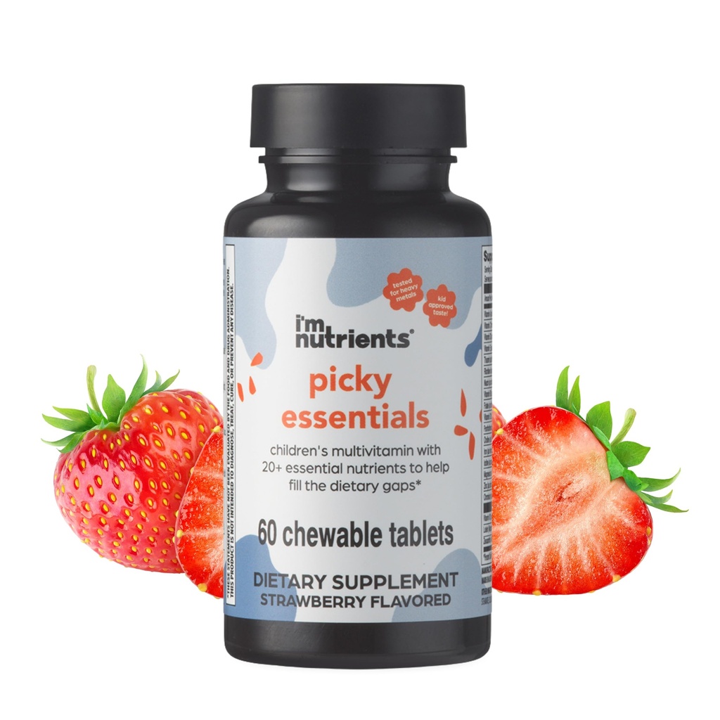 Picky Essentials Kids Multivitamin with Iron + Zinc | 20+ Essential Nutrients | Ages 2+ | Naturally Strawberry Flavored | Vitamins and Minerals A, C, D3, Bs | No Added Sugar | 60 Chewable Tablets