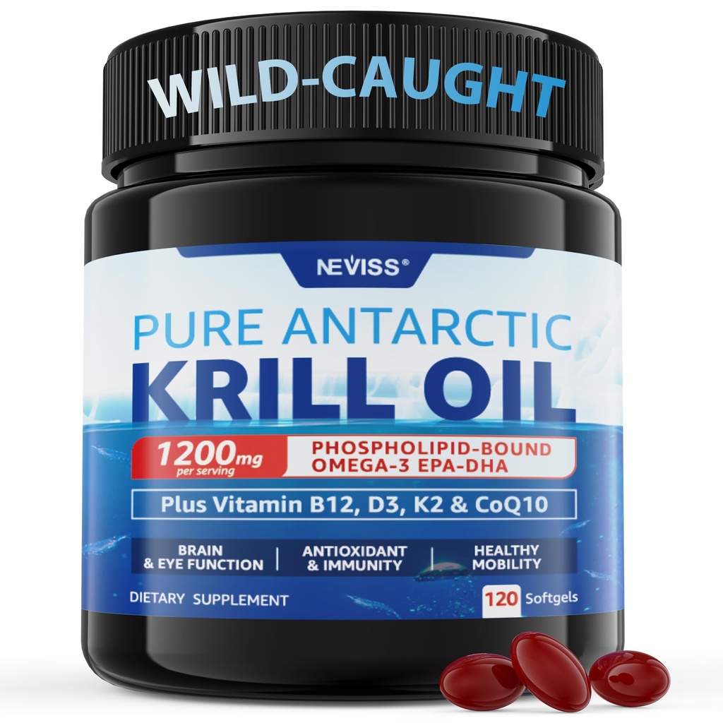 Antarctic Krill Oil 1200 mg Omega 3 Supplement, Omega 3 Krill Oil Softgels w/EPA, DHA, Astaxanthin & Phospholipids for Brain & Antioxidant, Sustainably Sourced, No Fishy Aftertaste, 120 Softgels