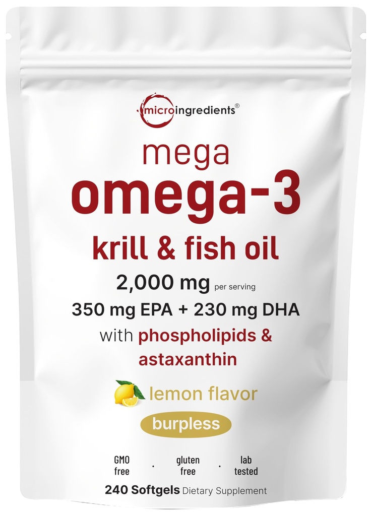 Mega Omega-3 Krill & Fish Oil 2,000mg Equivalent, 240 Softgels | Lemon Flavored | Burpless | Essential Fatty Acids & Astaxanthin | EPA 350mg + DHA 230mg | Heart & Brain Supplement