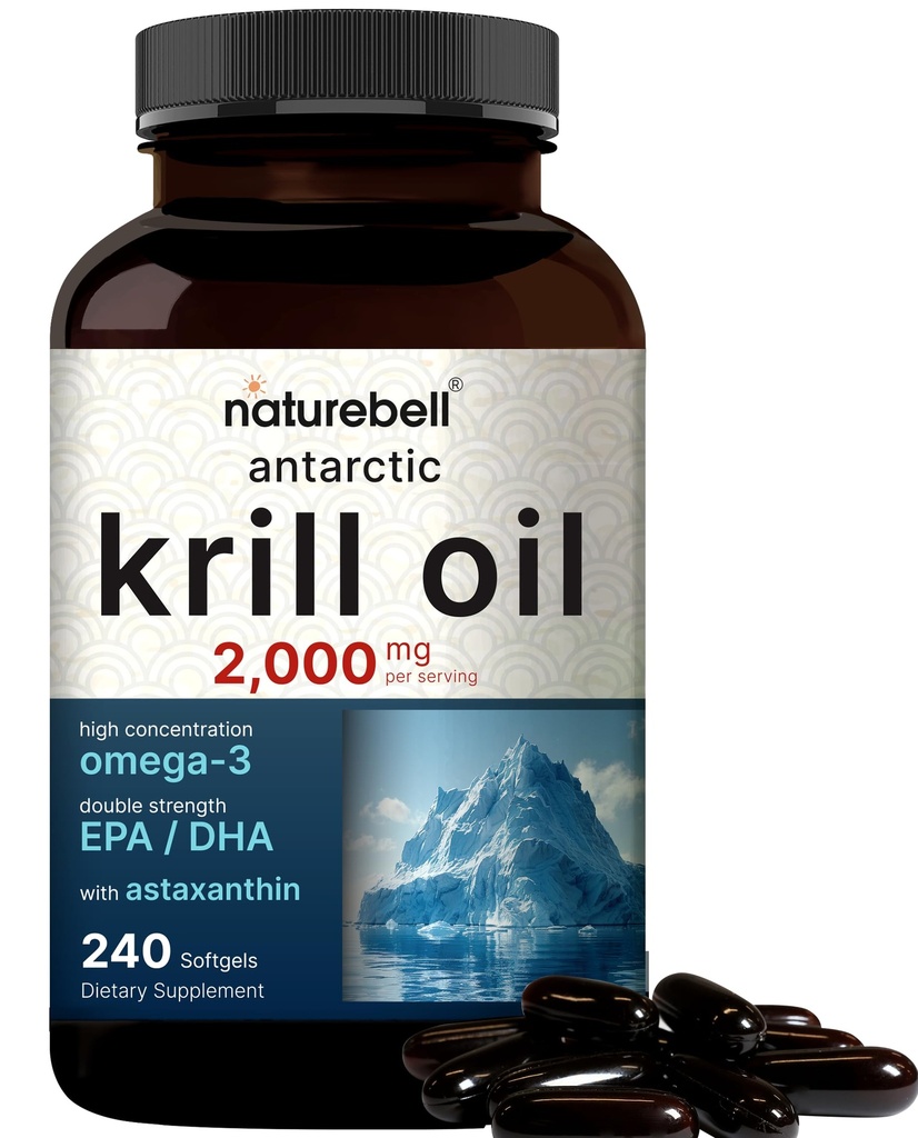 NatureBell Antarctic Krill Oil 2000mg Supplement, 240 Softgels, 3X Strength Natural Source of Omega-3s, EPA 240mg + DHA 160mg + Astaxanthin 800mcg – No Fishy Aftertaste – Mercury Free & Non-GMO