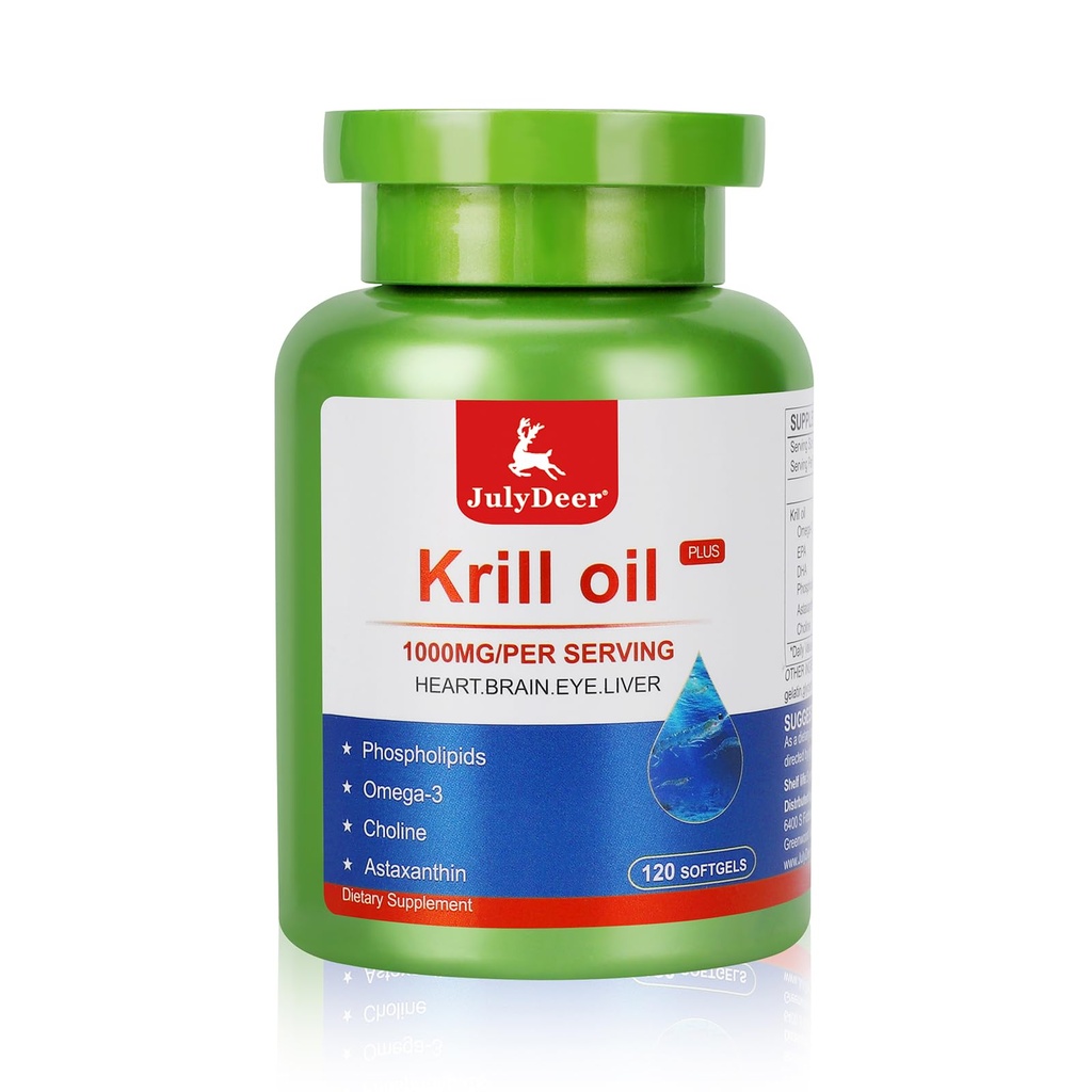 JulyDeer Krill Oil 1000 mg with Omega-3s EPA, DHA, Astaxanthin and Phospholipids 120 Softgels Supplement, Antarctic Krill No Fishy Aftertaste for Joint, Heart, Brain and Immunity