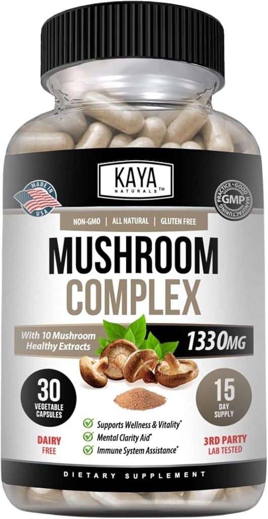 Kaya Naturals Premium Mushroom Complex Potent - Mushroom Complex Capsules 1995mg Por Serving - Aids Mental Clarity Supports Immune System, Wellness & Vitality ←-30 Count