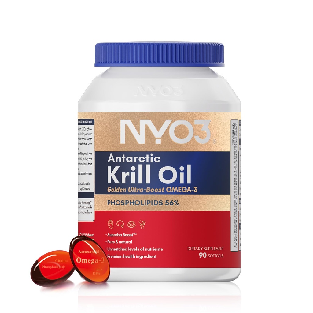 NYO3 1500mg Krill Oil Omega 3 Supplement, Senior's Top Choice, High Content EPA DHA & High Absorption Pure Antarctic Krill Oil with Astaxanthin and 56% Phospholipids, Laboratory Tested,90 Softgels