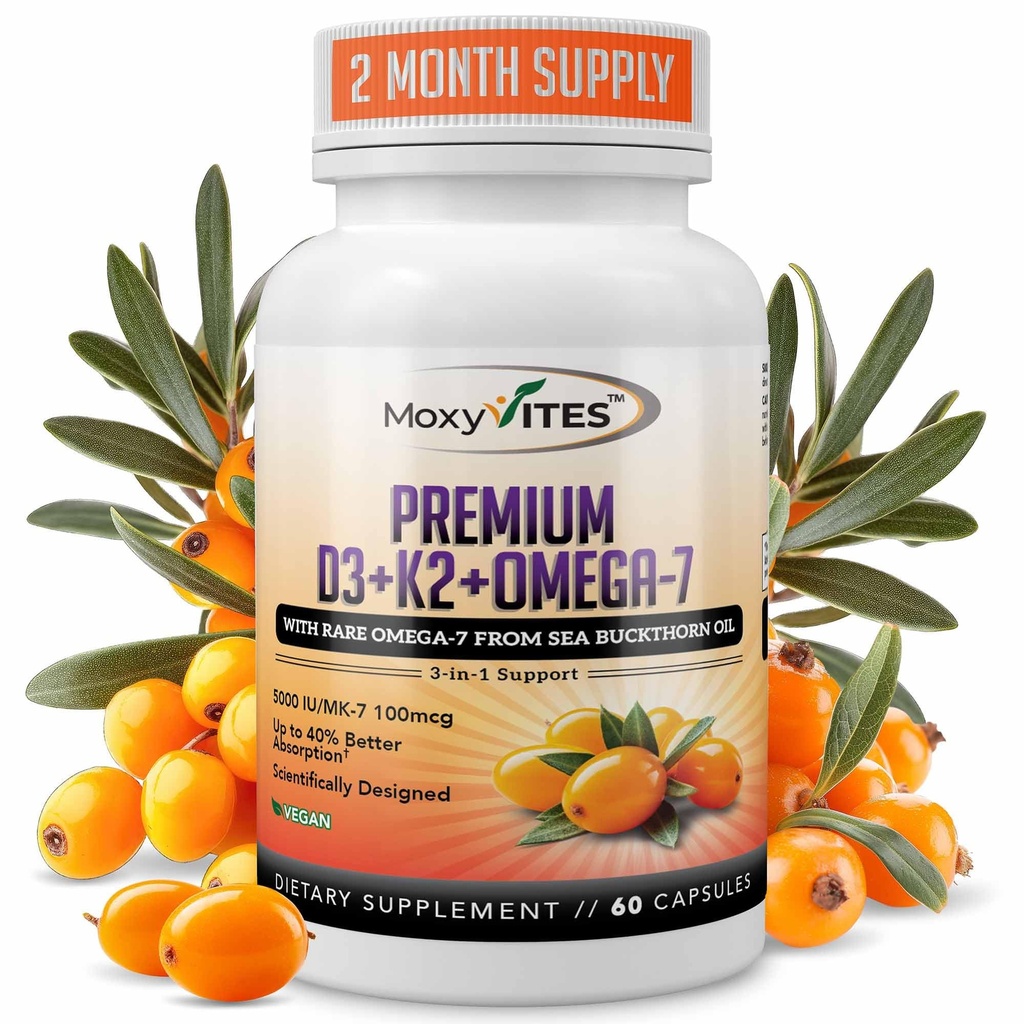 MoxyVites Vitamina D3 K2 5000 UI – Alta Absorción D3 + K2 MK-7 con aceite de hebilla de mar &amp; Omega-7 – Hueso, corazón &amp; soporte de inmuno para hombres - 60 cápsulas veganas