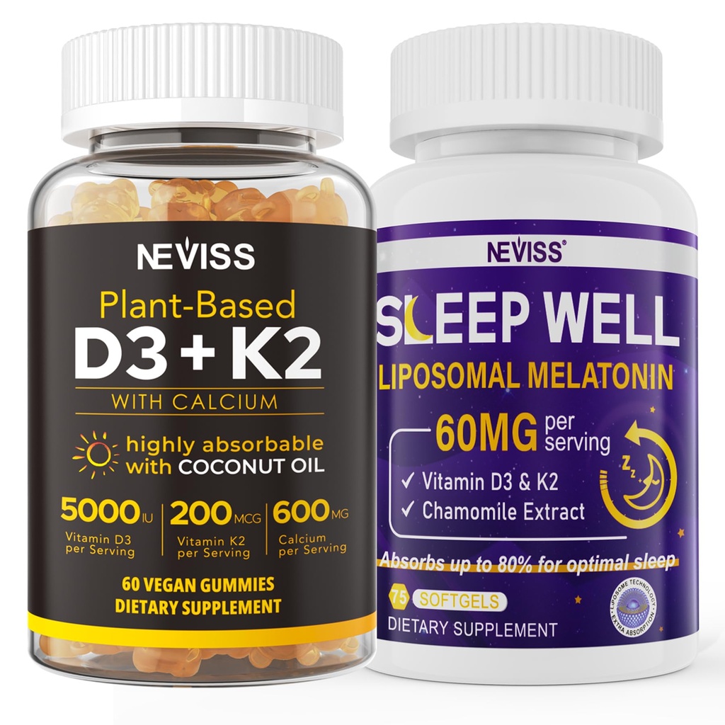 NEVISS Vitamin D3K2 5000IU Gummies + Melatonin 60mg for Adults Bundle