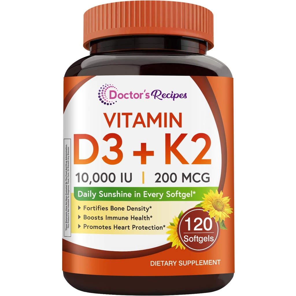 Recetas del médico Vitamina D3 K2, 10.000 UI, 200 mcg, MK-7, Densidad fuerte de los huesos, dientes, inmune, apoyo al corazón, energía, absorción de calcio, no soy " , no Gluten, 120 Softgels