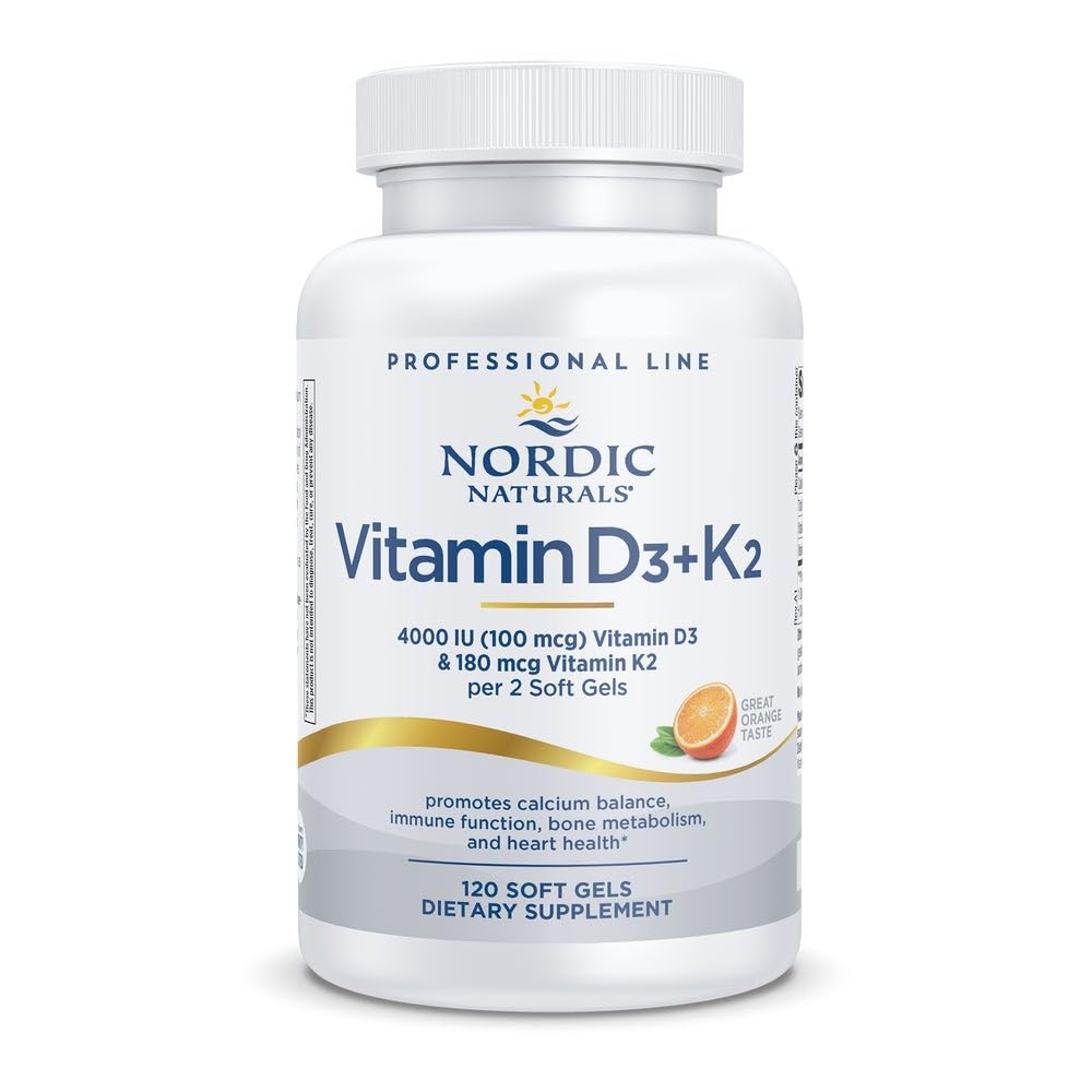 Nordic Naturals Professional Grade Vitamina D3+K2 Suplemento, Orange Flavor - 60 Soft Gels - 4000 IU Vitamina D3 &amp; 180 mcg K2- Promueve equilibrio de calcio &amp; función de inmunodeficiencia - No GMO - 30 Serviciones