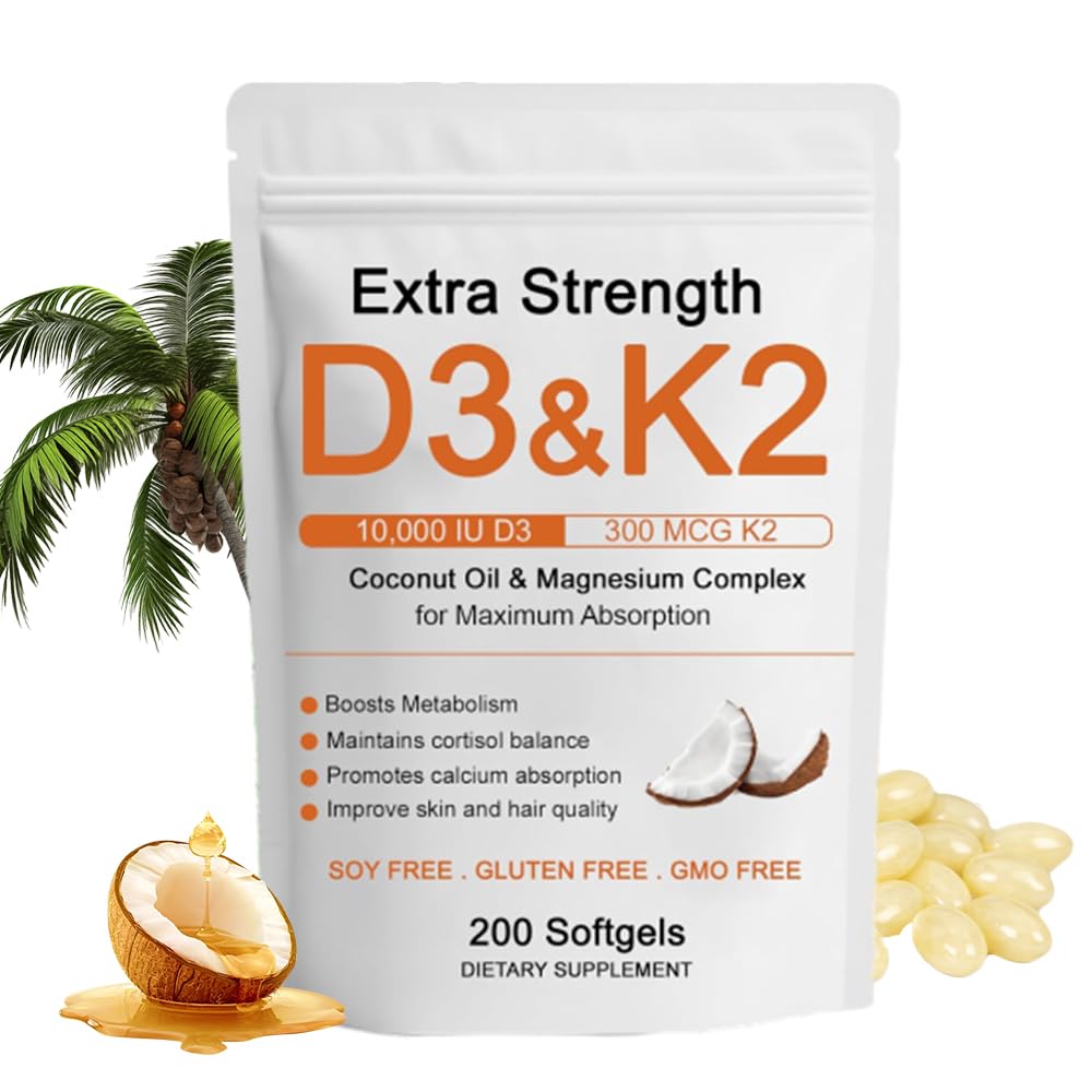 D3 K2 Vitamin 10000 IU, Extra Strength Wellness D3K2 with Triple Magnesium & Coconut Oil for Maximum Absorption, Support Bone & Immune Health, Non-GMO,Easy to Swallow, 200 Softgels