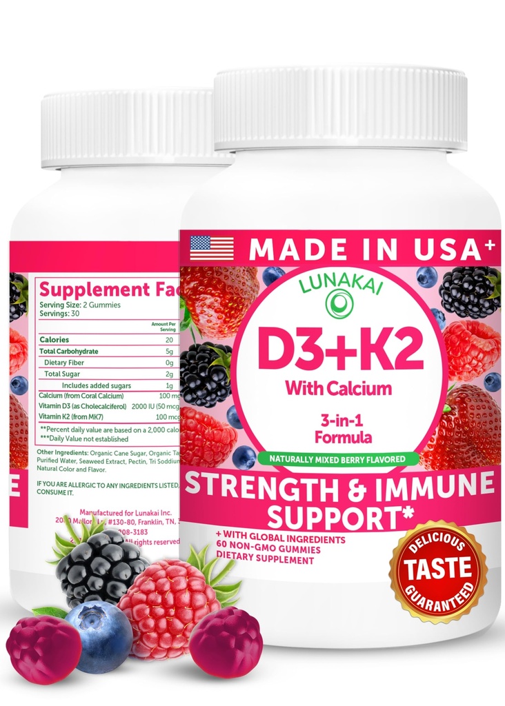 Lunakai EE.UU. hizo vitamina D3 K2 Gummies con calcio – 3-en-1 suplemento diario vegano para bonificación &amp; apoyo inmunológico para mujeres, hombres &amp; niños, 60ct