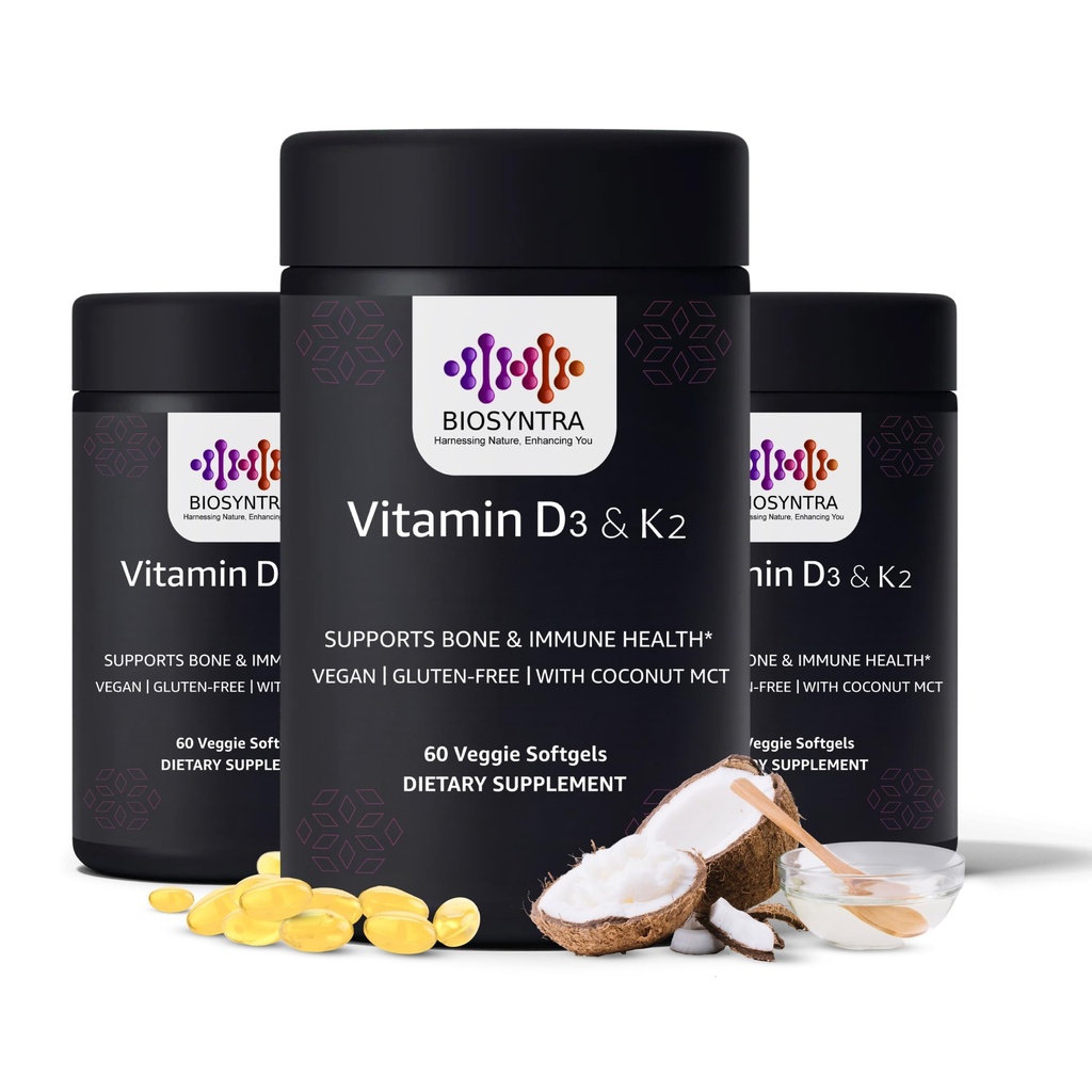 Vitamina D3+K2 con aceite de coco - Vitamina Vegan D 5,000 UI &amp; MK7 Vitamina K 110mcg para bonificación, corazón &amp; soporte inmunológico, no GMO, tercero testado, soy libre, alta absorción 60 Veggie Softgels