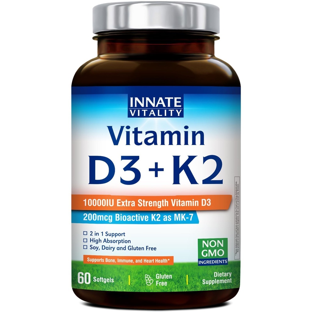 Innate Vitality Vitamin D3 K2 Supplement, High Potency Vitamin D3 10000 IU & Vitamin K2 (MK-7) 200 mcg, Supports Bone, Teeth, Heart & Immune Health, Non-GMO, Gluten Free, 60 Softgels