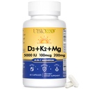 UBIOSKA Vitamin D3 K2 Magnesium Supplement – 5000 IU D3 + MK-7 K2 with 8-Form Magnesium (Glycinate, Taurate, Malate) for Calm Sleep, Stress Relief, Mood Balance & Strong Bones – 60 Capsules