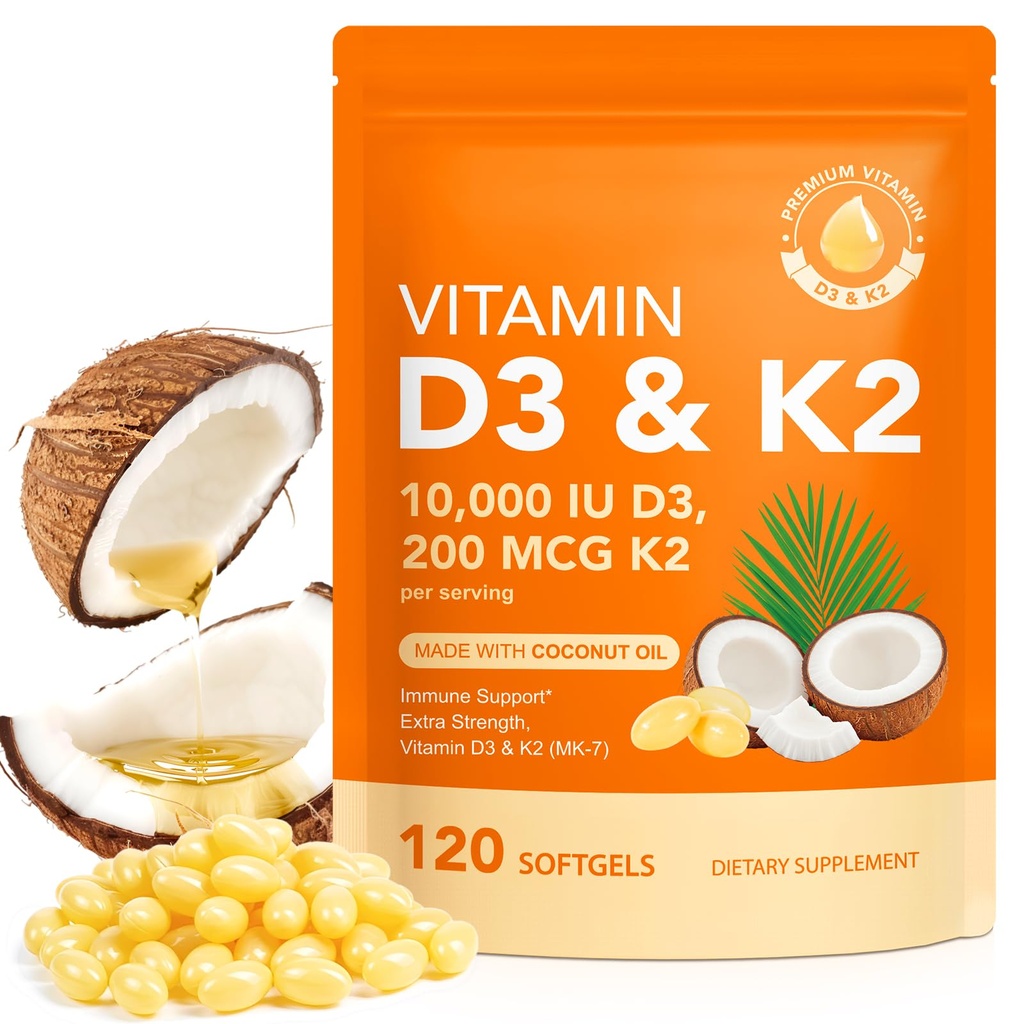 Vitamina D3 K2, D3 K2 Vitamina 10000 iu Suplemento con aceite de coco Softgels, 2 en 1 Fórmula 200 mcg (MK-7) Complejo Softgels Soporte Absorción de calcio, inmuno, salud de huesos D3 K2 Vitamina - 120 Softgels
