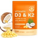 Vitamina D3 K2, D3 K2 Vitamina 10000 iu Suplemento con aceite de coco Softgels, 2 en 1 Fórmula 200 mcg (MK-7) Complejo Softgels Soporte Absorción de calcio, inmuno, salud de huesos D3 K2 Vitamina - 120 Softgels