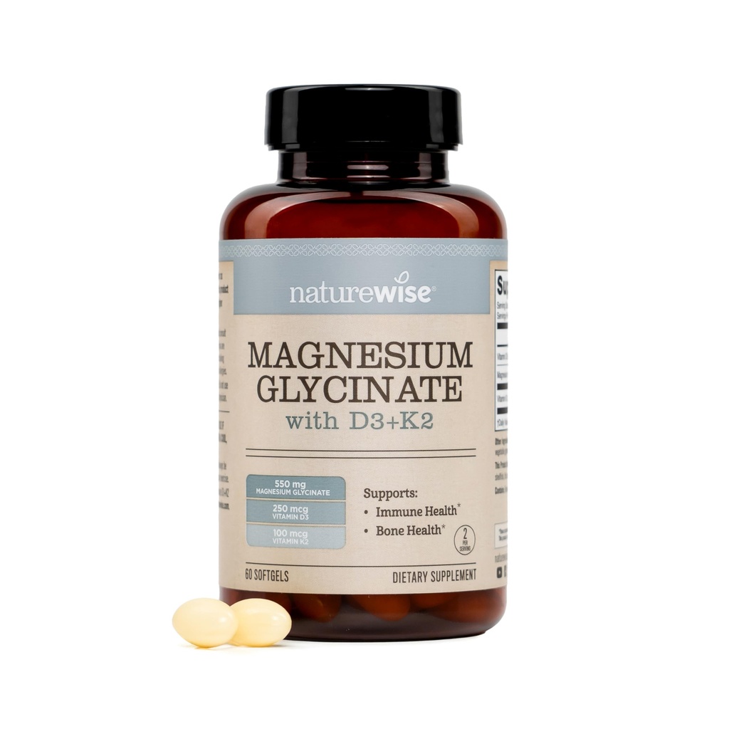 NatureWise Magnesium Glycinate 550mg + High-Dose 10000 UI Vitamina D3 K2 100 mcg - D3 K2 Magnesium Supplement - Chelated for High Absorption - Bone Support - Non-GMO, USA Manufactured - [30-Day Supply]