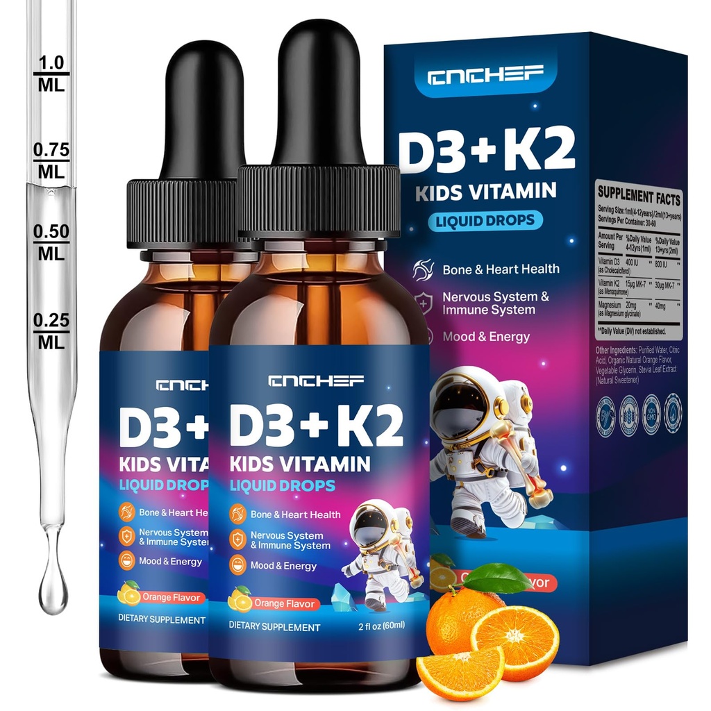 2PCS Vitamina D3 K2 gotas para niños - Suplemento líquido con magnesio para absorción de calcio, salud conjunta, dientes " corazón - no GMO, vegano, naranja, 4 Fl Oz - niños edad 4+
