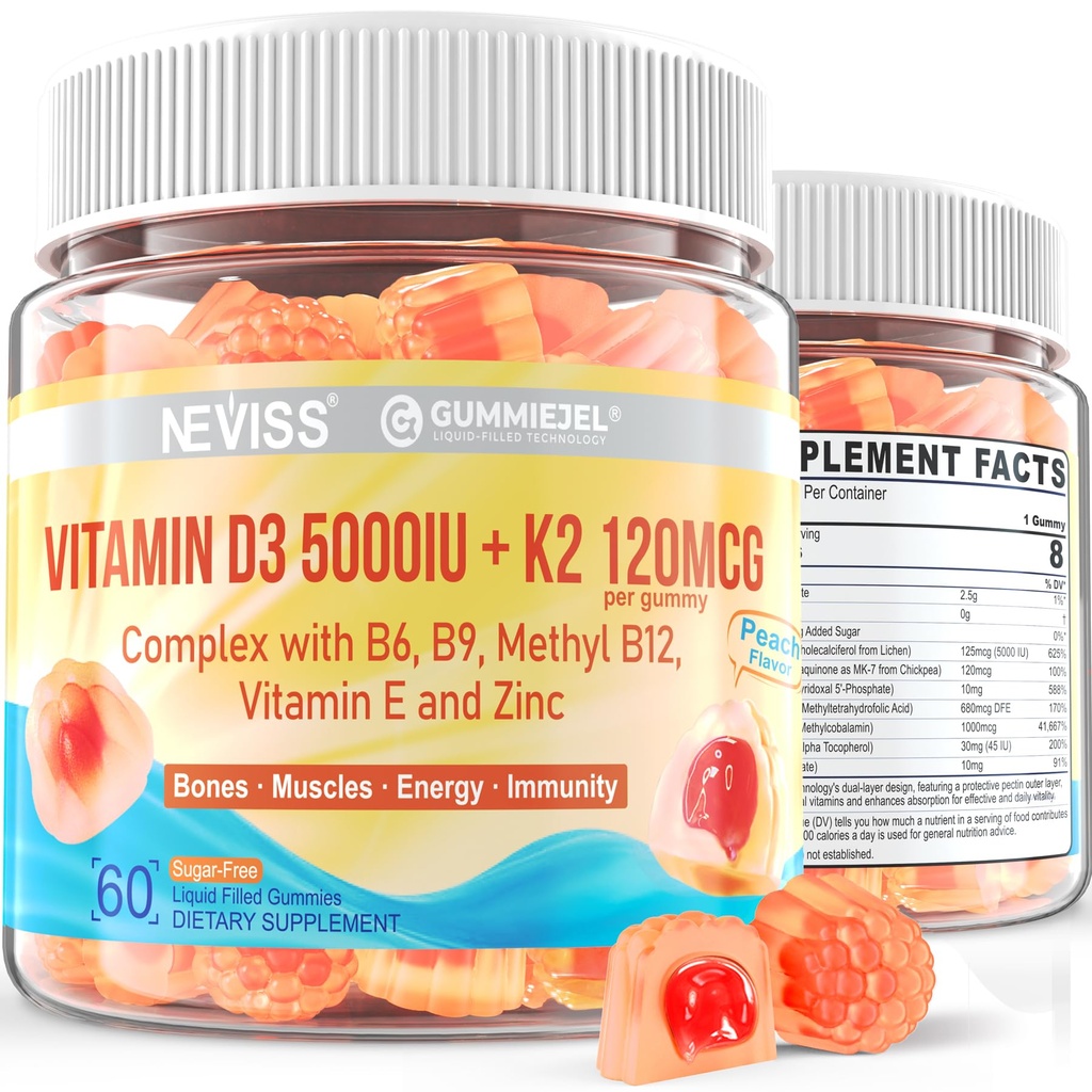 Vitamina D3 5000IU + K2 (MK-7) 120mcg, Vitamina sin azúcar D3 K2 Mangas llenas con Complejo de vitamina B - Metil B12, B9, B6 ← Vitamina E &amp; Zinc, MCT Oil - Soportes Bone &amp; Teeth Strength, Immune, 1PACK