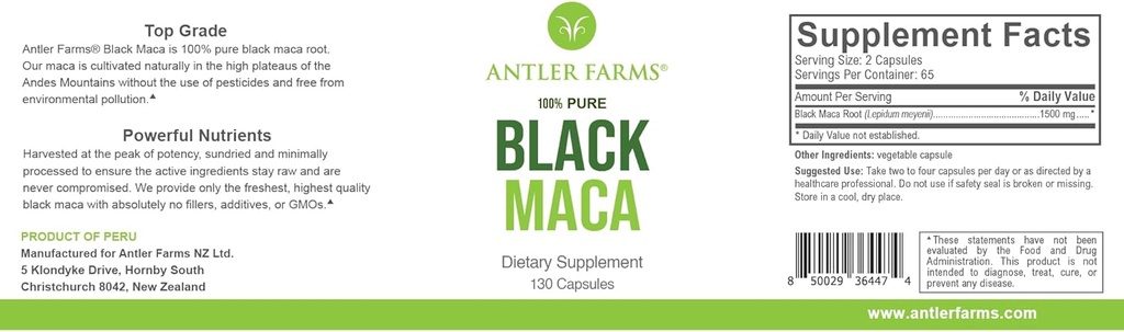 Antler Farms - 100% Pure Black Maca Root, 130 Capsules, 1500mg - Crecido en la meseta Junin en Perú, Hombre Energy, Vitality & Stamina, Hormonal Balance, Memory & Mental Clarity