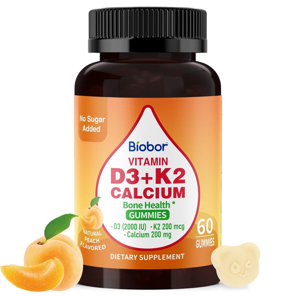 Biobor Vitamina D3 K2 Gummies con Calcio, 2000 UI D3 &amp; 200 mcg K2(MK-7) & 200 mg Calcio, No Sugar Añadido, soporta los huesos saludables &amp; Immune Health, Gluten Free, GMO Free, Yellow Peach, 60 Condes
