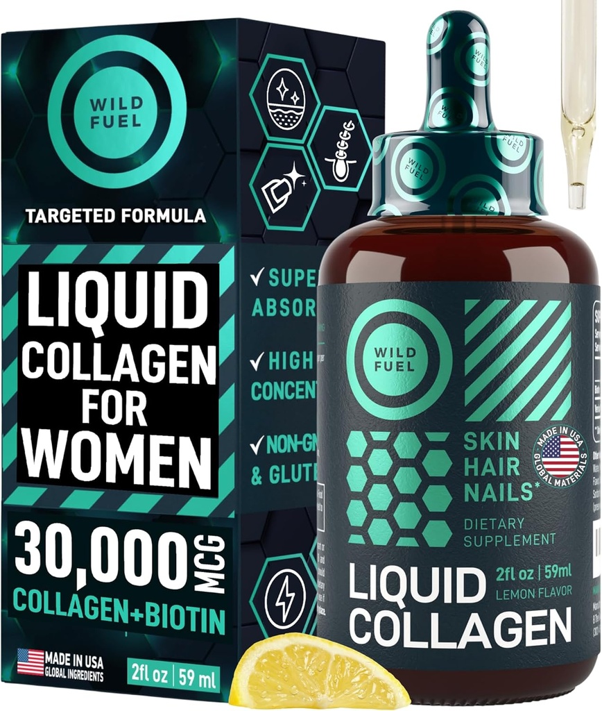 WILD FUEL Líquido colágeno péptidos con vitaminas de biotina para la piel del cabello y uñas - 30,000mcg Líquido colágeno para mujeres y hombres más biotina - sabor limón, hasta 2 meses - 2 oz