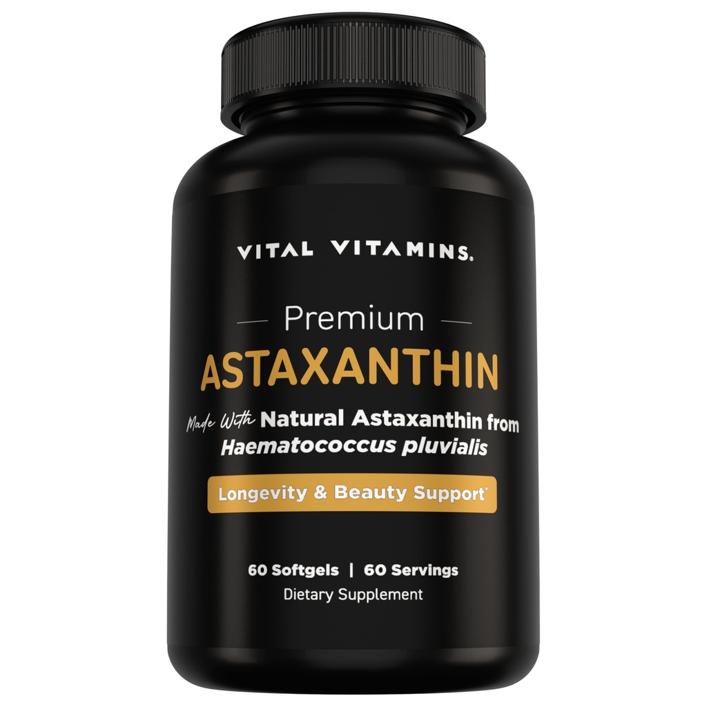 Vital Vitamins Astaxanthin 12mg Softgels - Made with Natural Astaxanthin - Supplement to Promote Skin Hydration, Elasticity - Defends Cells Against Daily Damage - Vegan, Made in the USA - 60 Soft Gels