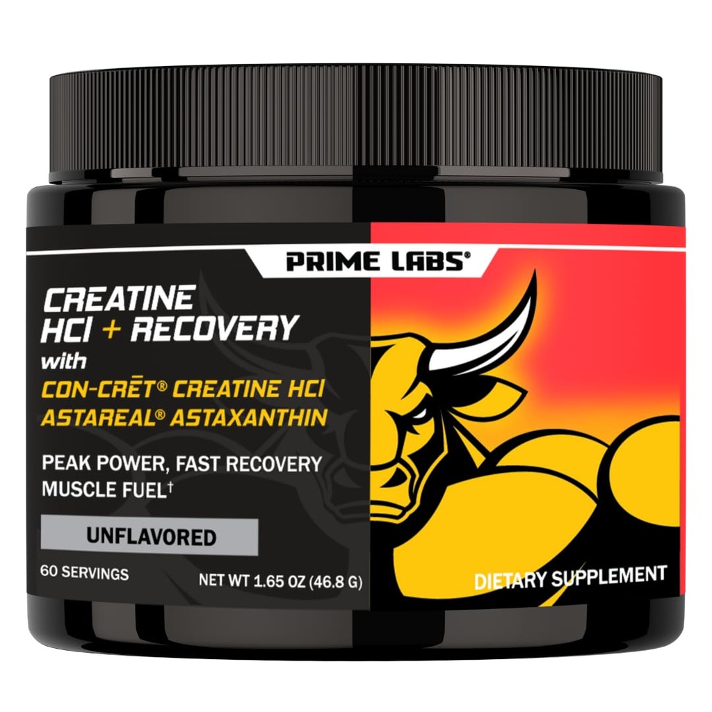 Prime Labs Creatine HCl Powder with AstaReal Astaxanthin 6mg - Supports Muscle Recovery & Brain Health - Con-Cret Creatine HCl (7X More Concentrated Than Monohydrate) - 60 Servings