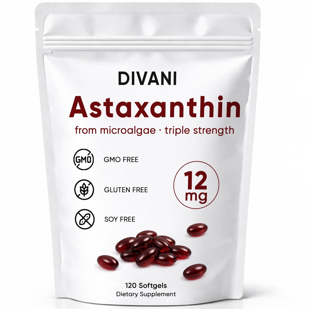 DIVANI Astaxanthin 12mg, Suplemento Antioxidante para el bienestar diario, inmuno, ojo &amp; piel soporte, no GMO, sin gluten - 120 Softgels