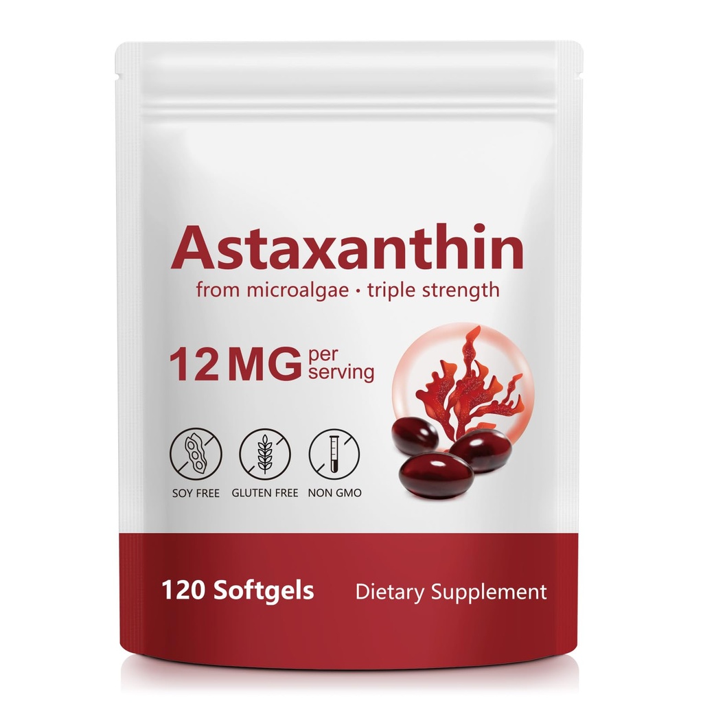 Astaxanthin Supplements 12mg, Premium Astaxanthin Antioxidant Supplements, Support Eye, Brain, Joint, Skin Health, 4 Month Supply, 120 Softgels, Easy to Swallow, Non-GMO