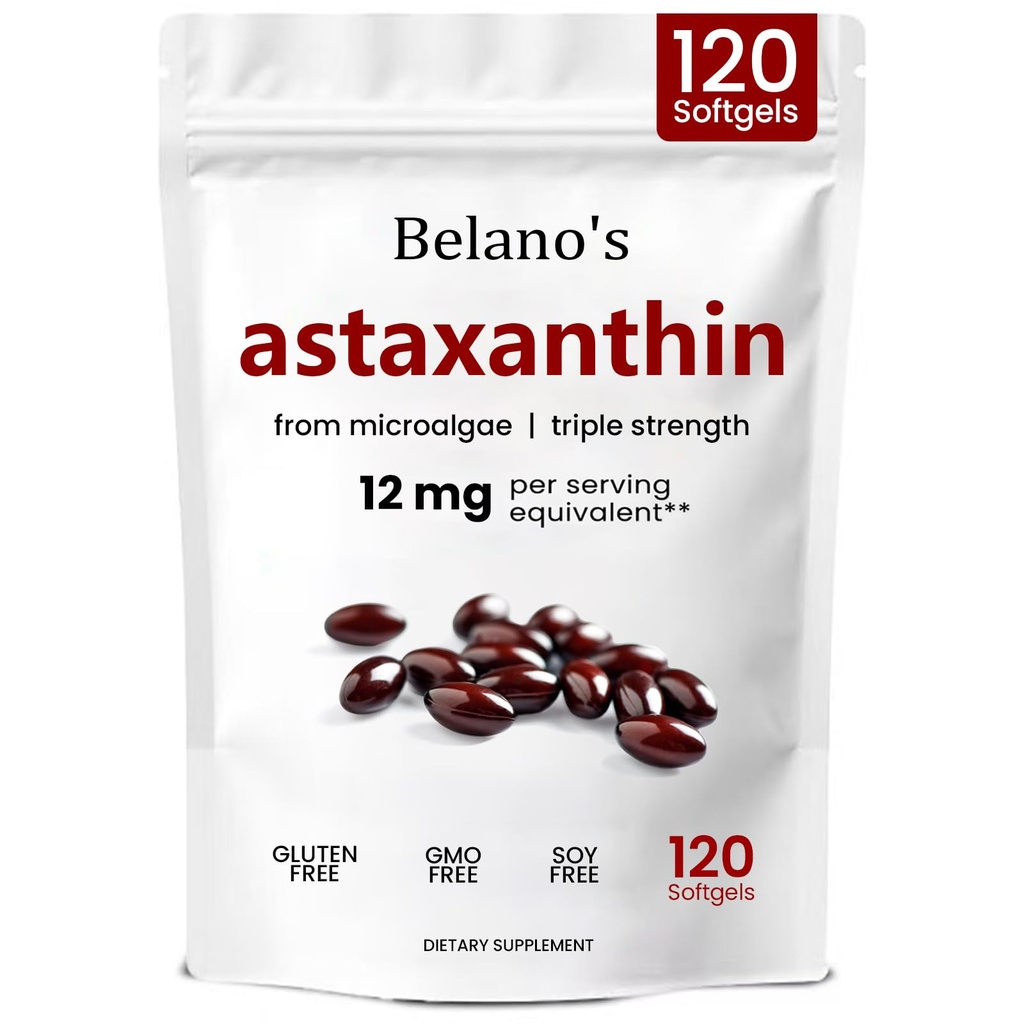 Belano's Astaxanthin 12mg, Astaxanthin Softgels, Premium Astaxanthin Antioxidant Supplement | Health & Energy Support, Non-GMO, Vegan- Friendly & Gluten-Free - 120 Softgels (1 Bag)