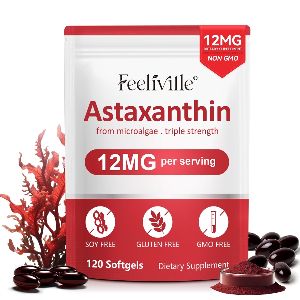 Astaxanthin Suplementos, Premium Astaxanthin 12mg Antioxidant with Antioxidant Activity, Supports Eye, Joint, Immune, Skin Health, Internal Circulation, 1Pack(120 Softgels), Non-GMO & No Gluten
