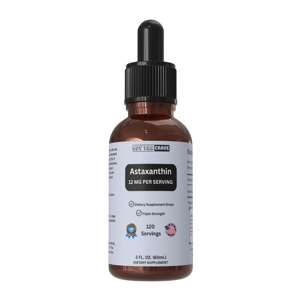 Astaxanthin Liquid Drops Infused with Cold Pressed Extra Virgin Olive Oil – 12mg per Serving – Natural Antioxidant Support – 2 fl oz Dropper Bottle – Vegan, Non-GMO