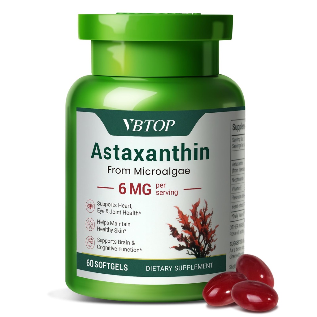 Astaxanthin 6 mg, Premium astaxanthin Supplement with antioxidant Activity, Supports Eye, Skin, Joint, and Immune System Health. Fresh microalgae Source, Non-GMO, Gluten-Free - 60 softgels