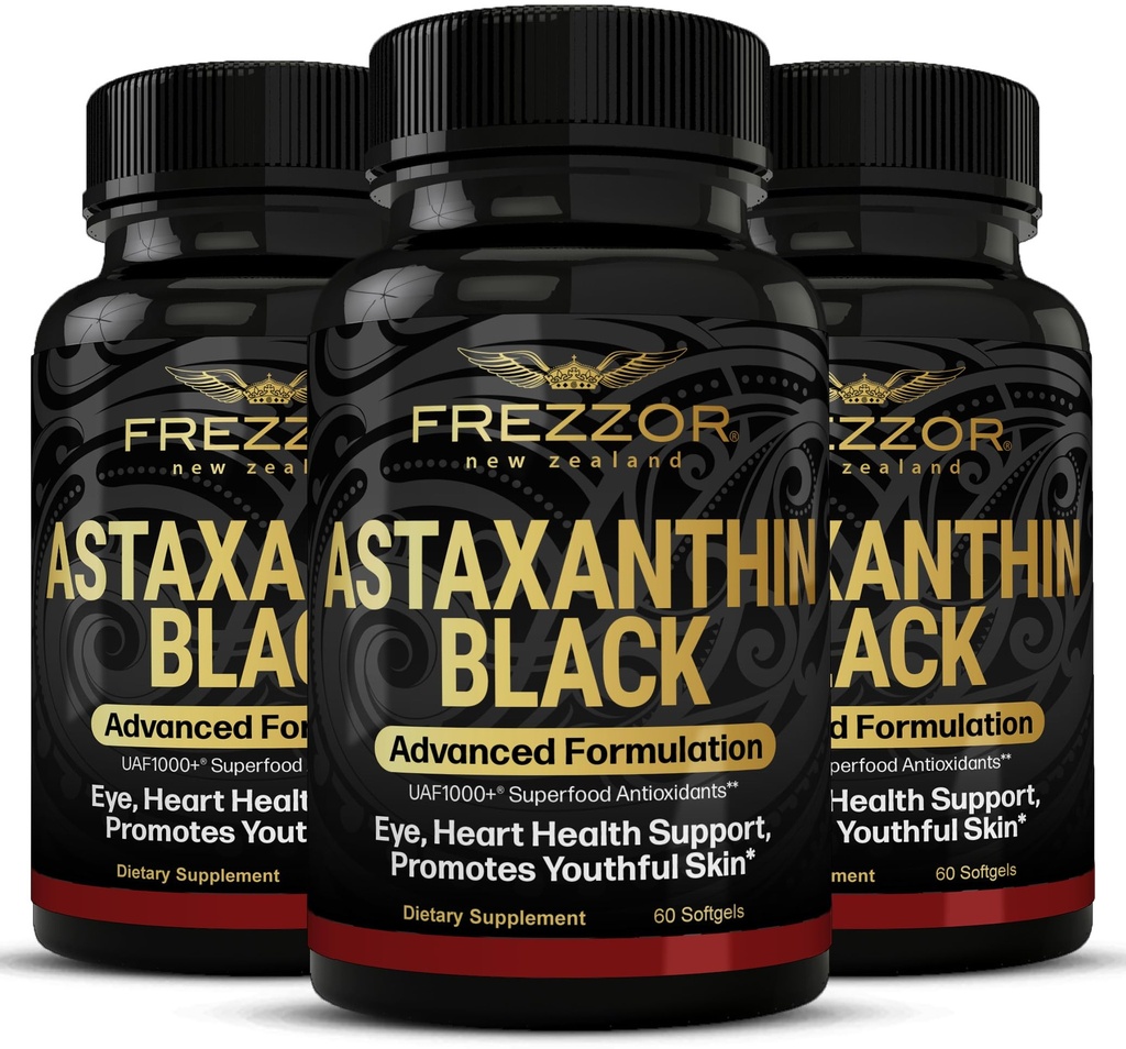 FREZZOR Astaxanthin Black with UAF1000+ Super Antioxidant, Supports Heart, Eye & Brain Health, Anti-Aging Skincare & Cellular Protection, 12mg Astaxanthin per Serve, 180 Softgels, 3 Month Supply