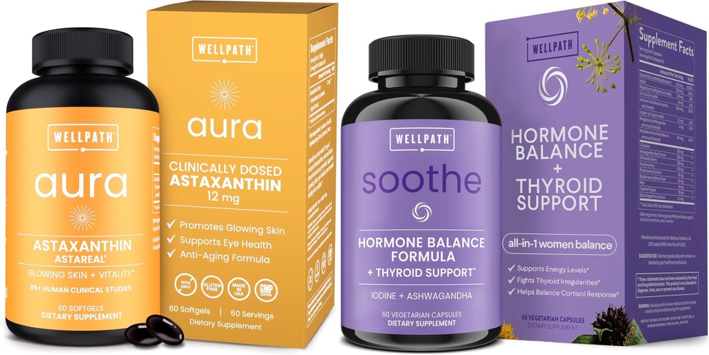 WellPath Astaxanthin 12mg – Natural Astaxanthin Suplementos de Microalgae y Soothe Hormon Balance para Mujeres + Cortisol Suplementos para Mujeres peru Tiroides Apoyo, Mood Support