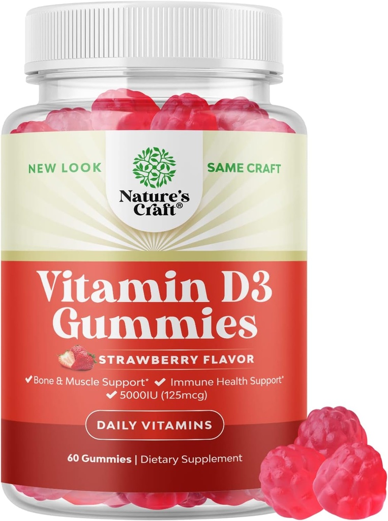 Vitamina Vegana D3 Gummies para Adultos - Vitamina D3 5000 UI Vitaminas Naturales Gummy para Hombres y Mujeres Immunity Joint Support Plus Tientes - Gelatina Gratis No GMO Delicious Strawberry Flavor