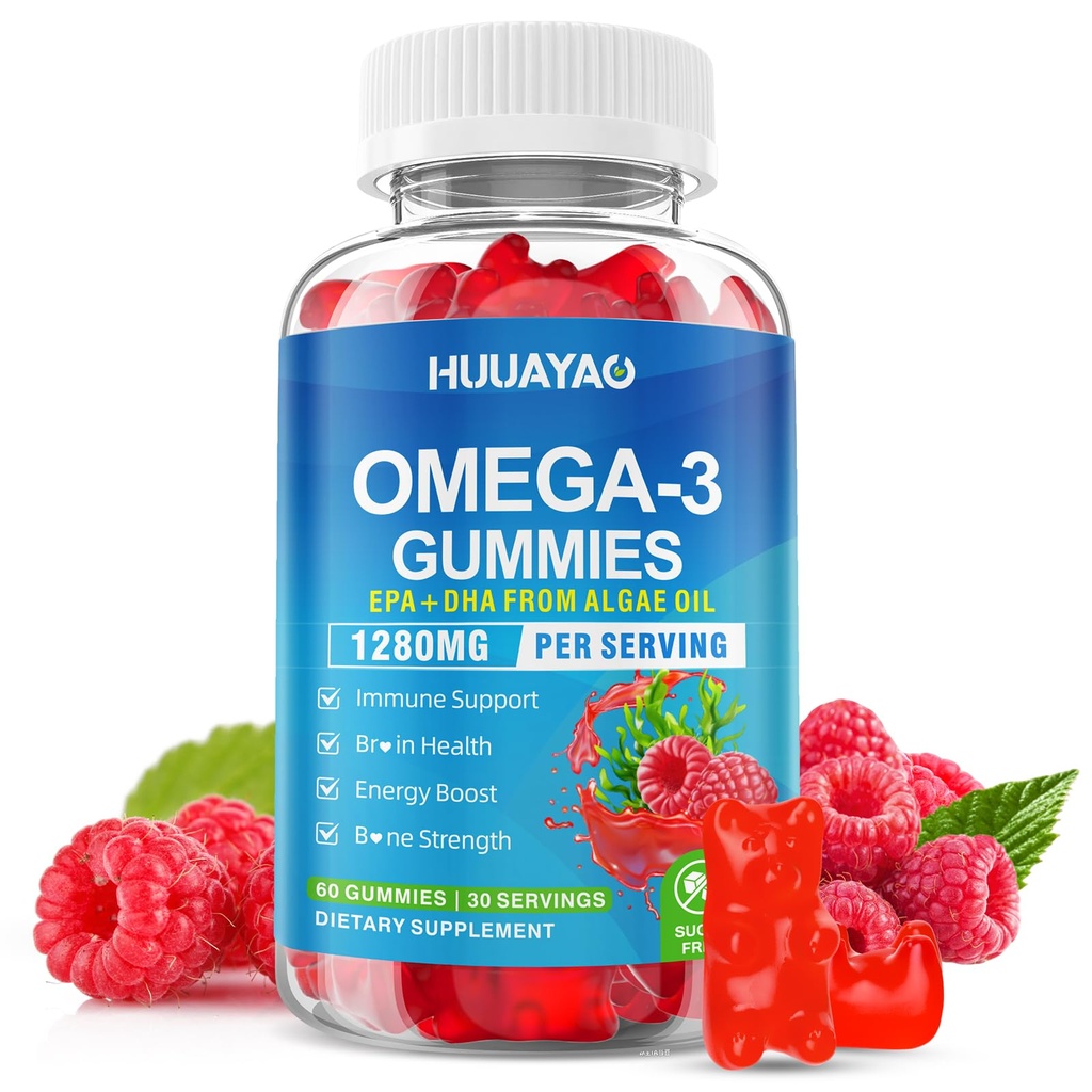 Vegan Omega-3 Gummies 1028mg, Omega 3 Fish Oil Alternative for Adults w/EPA 400mg & DHA 600mg & Vitamin A, C, E Supports Brain, Eye & Immune Health, Sugar Free, Raspberry Flavor, 60 Count