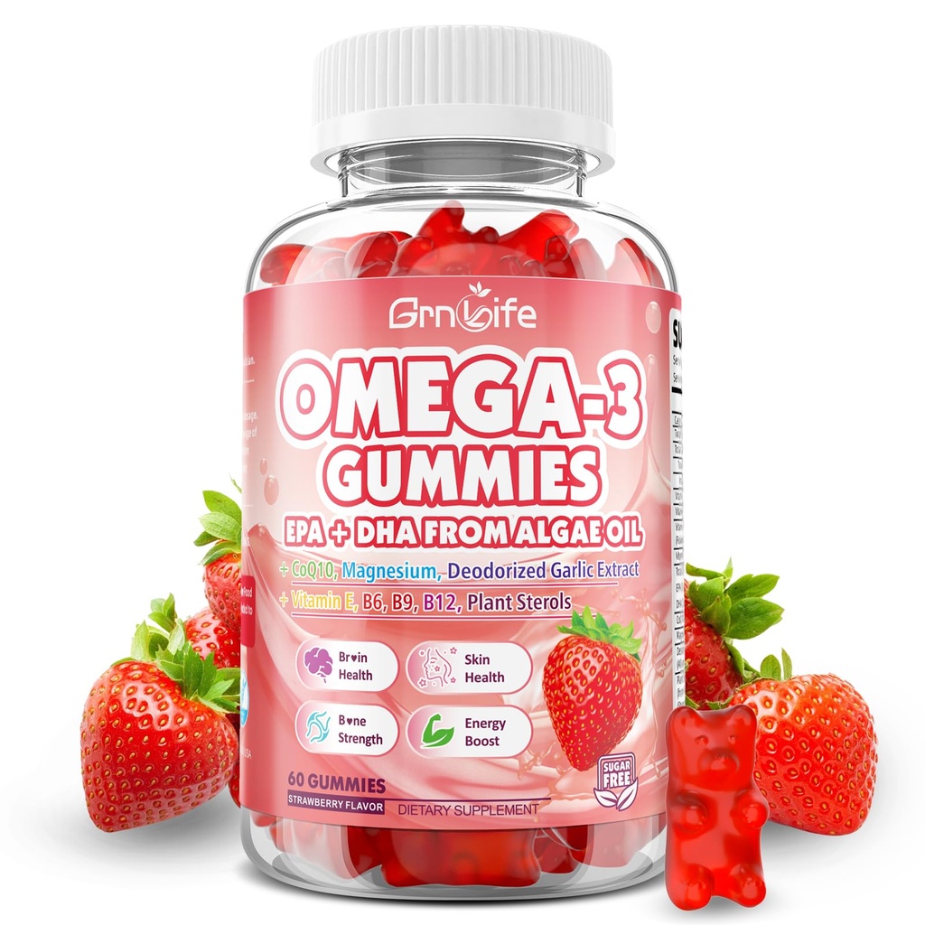 Vegan Omega 3 Gummies 1000mg + CoQ10 + Magnesium - w/Algae EPA 600mg & DHA 400mg, Fish Oil Omega-3 Supplements Alternative for Adults, for Brain, Eye, Immune Health, Strawberry Flavor, 60 Count