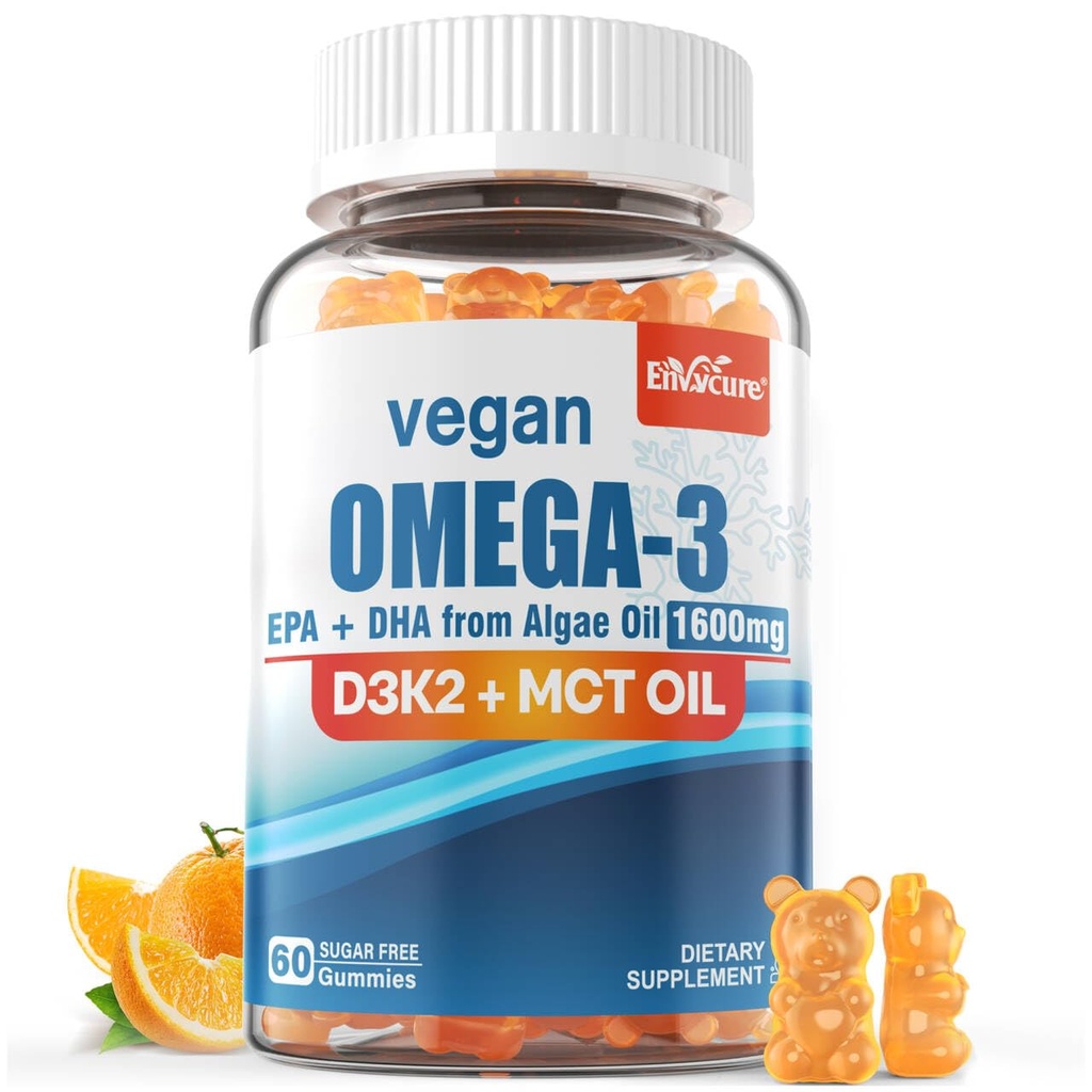Vegan Omega 3 Gummies 1280mg + Vitamin D3 K2 (MK7), Omega 3 Fish Oil Alternative for Adults, w/Algae EPA 600mg & DHA 400mg, MCT Oil - No Fish Taste - for Brain, Eye, Immune Health, Sugar Free, 1 Pack