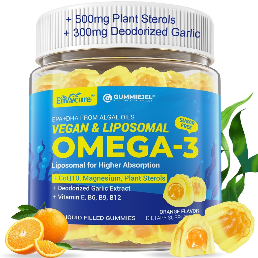 Vegan Omega-3 Gummies 1000mg +CoQ10+Magnesium- EPA 600mg & DHA 400mg, Fish Oil Omega 3 Supplements Alternative for Women Men Adults- Liposomal Form -Algae- Plant Sterols, Garlic,B6,B9, B12, Sugar Free
