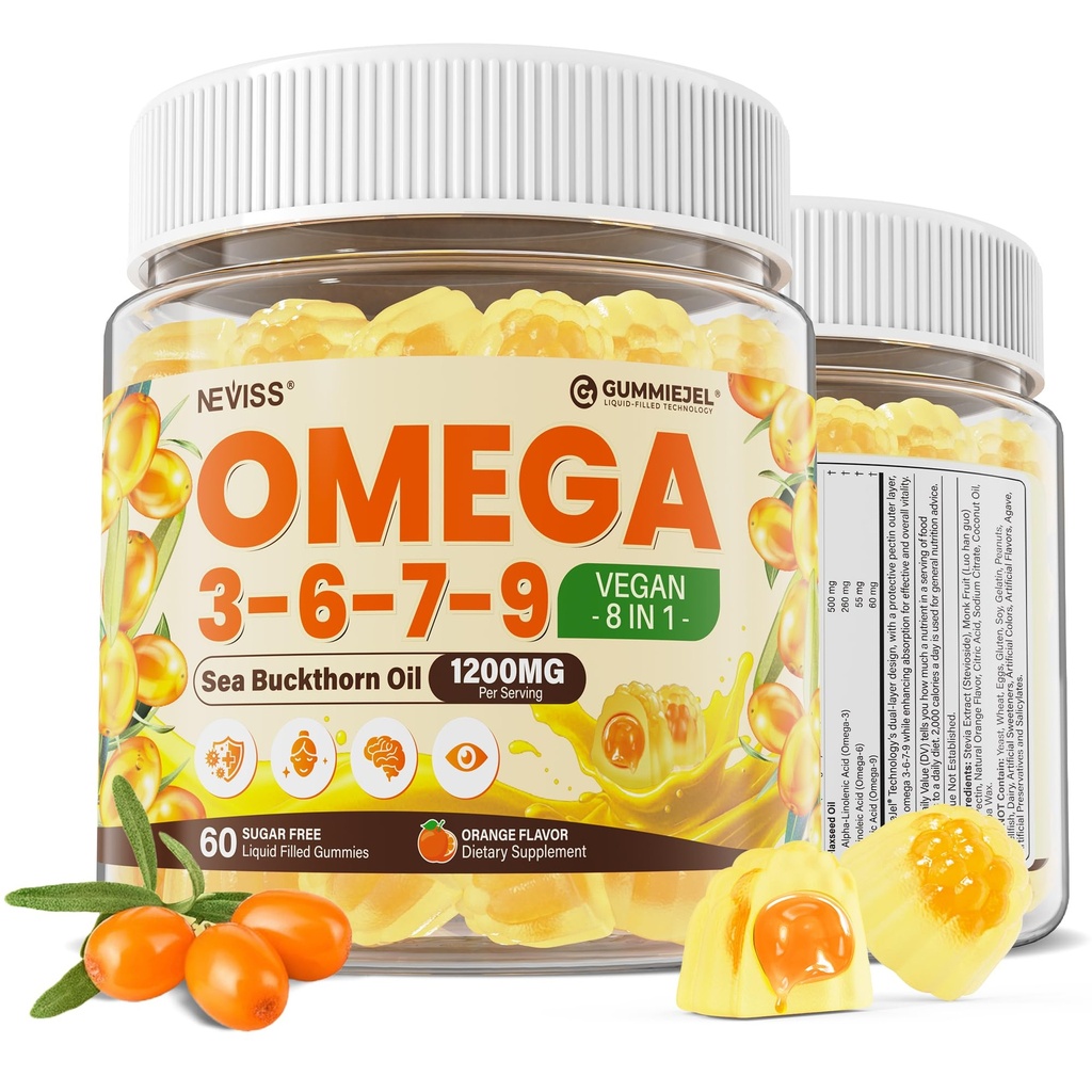 Omega 3-6-7-9 Gummies, Organic Sea Buckthorn Oil 1200MG & Flaxseed Oil 500MG, Vegan Omega 7 Supplement w/Vitamin A, C, E, Fatty Acids, No Fish Taste, Supports Skin, Eye, Immune, Brain Health, 60 Cts