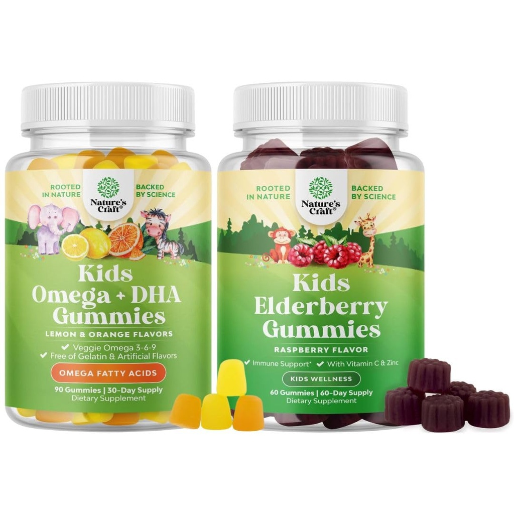 Bundle of Kids DHA Omega 3 Gummies - Fish Free with Vegetarian 6 9 for Vision Brain &amp; Immunity and Sambucus Elderberry Gummies for Kids - Black Elderberry with Zinc &amp; Vitamin C for Immune Support