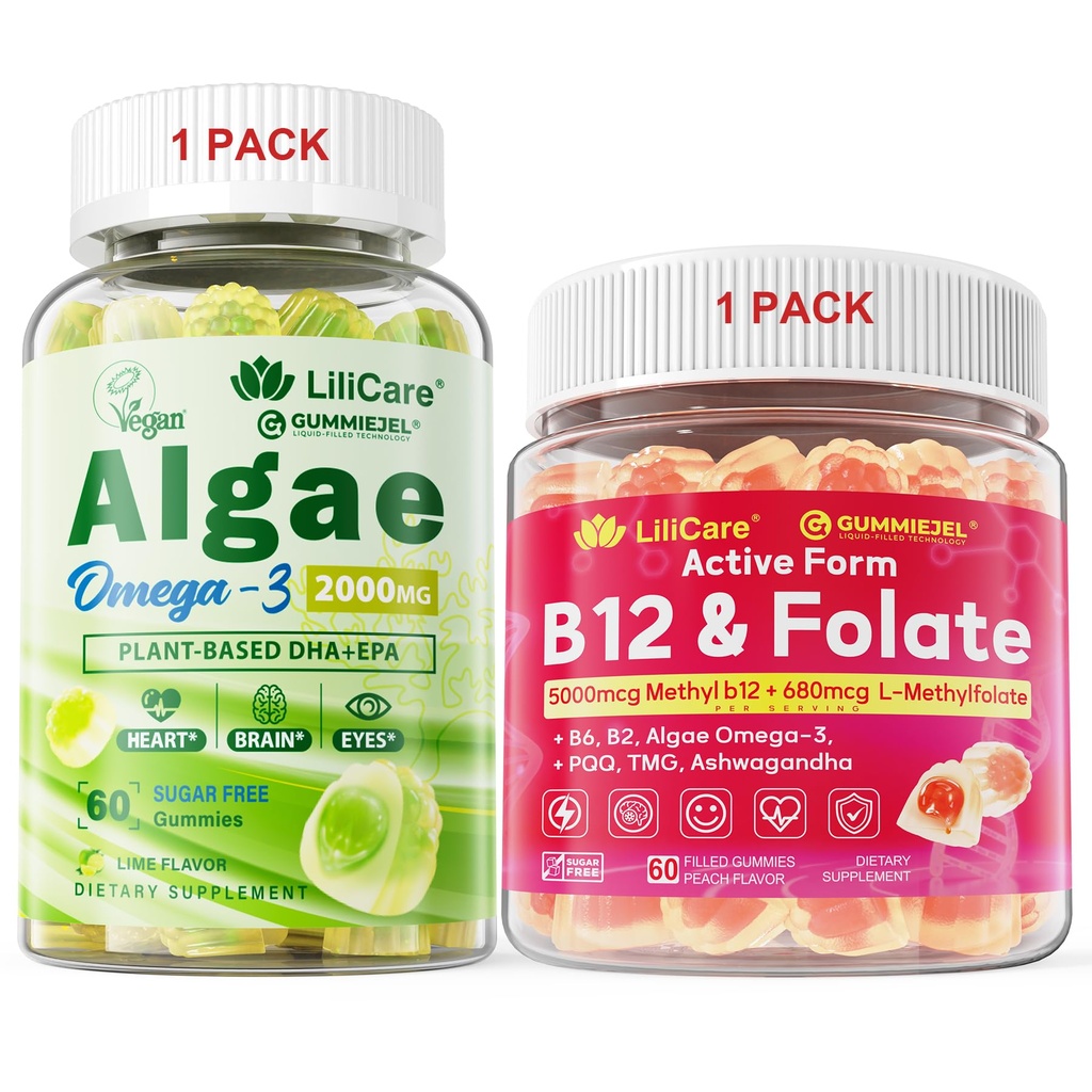 Bundle: Algae Omega 3 Gummies 1 Pack & Methyl B12 + L-Methylfolate Gummies 1 Pack