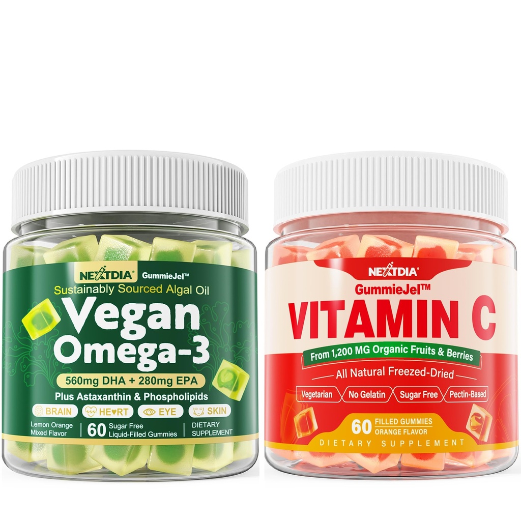 Nextdia Vegan Omega 3 Gummies + Whole Food Vitamin C Gummies for Adults & Kids