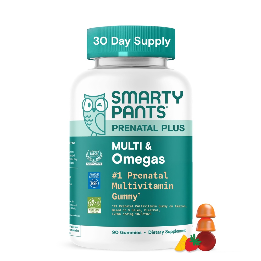 SmartyPants Prenatal Multivitamin Gummies with Omega 3 DHA/EPA, Methylfolate, Biotin, Vitamins D3, C, B12, B6, A, K, and Zinc, Gluten Free, Clean Label, Two Fruit Flavors, 90 Gummies (30 Day Supply)