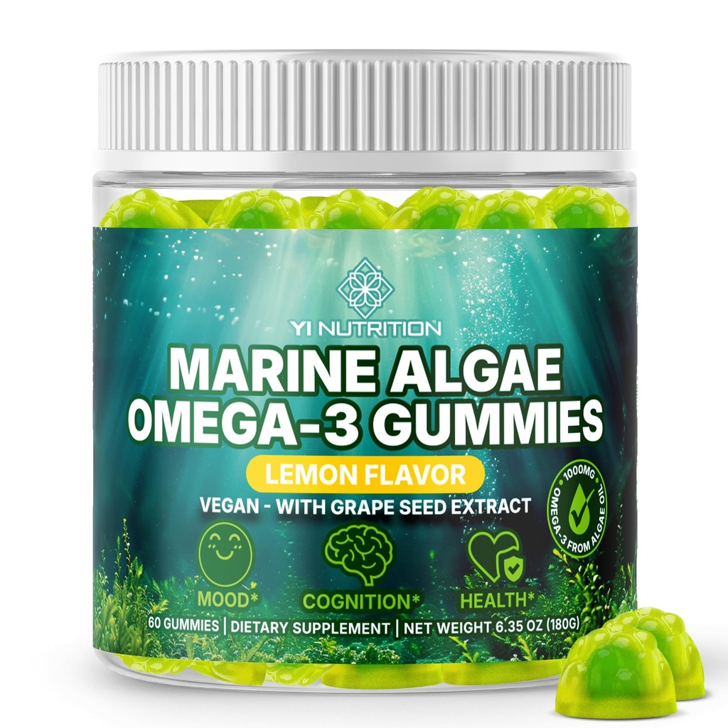 Marine Algae Omega 3 Gummies with 3400mg+ | DHA/EPA/ALA, 20:1 Grape Seed Extract, Vitamin C & Folate | Heart, Brain & Skin | Plant-Based, Sugar-Free, 60 Ct