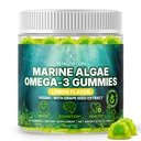 Marine Algae Omega 3 Gummies with 3400mg+ | DHA/EPA/ALA, 20:1 Grape Seed Extract, Vitamin C & Folate | Heart, Brain & Skin | Plant-Based, Sugar-Free, 60 Ct