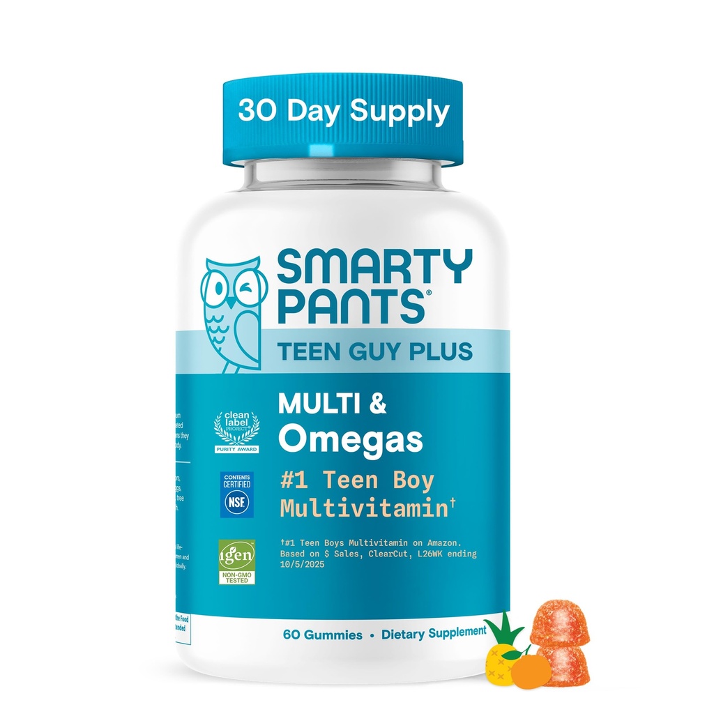 SmartyPants Teen Guy Plus Multi & Omegas Multivitamin Gummies with Omega 3 DHA/EPA, Vitamins D3, C, B12, B6, A, K, Zinc, Folate, Gluten Free, Clean Label, Pineapple Orange, 60 Gummies (30 Day Supply)